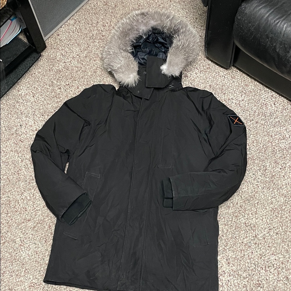 Madison Men's real Fur-Trimmed black down feather filled Parka